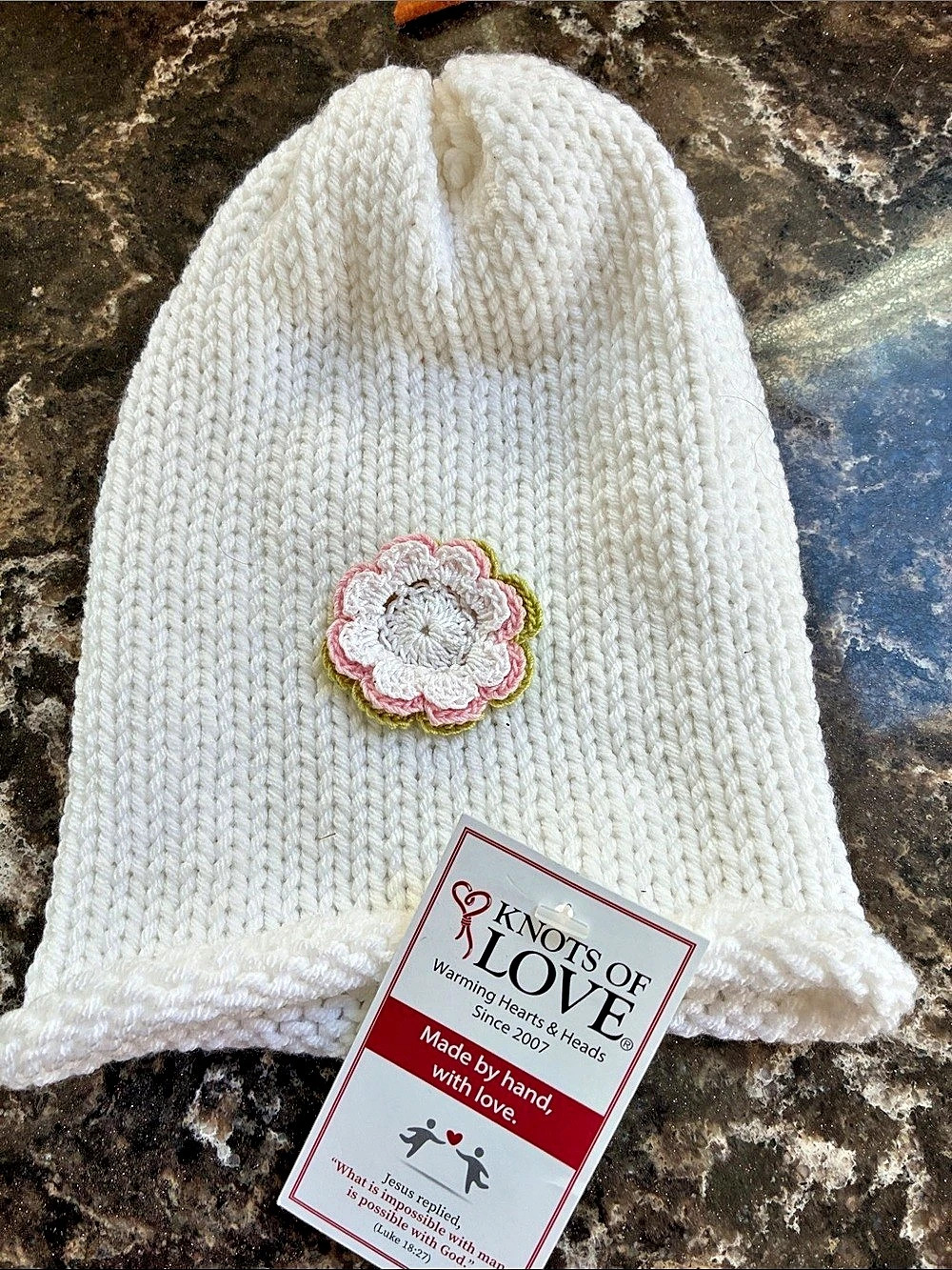 Knots of Love Hand-Knit Flower Beanie in White NWT
